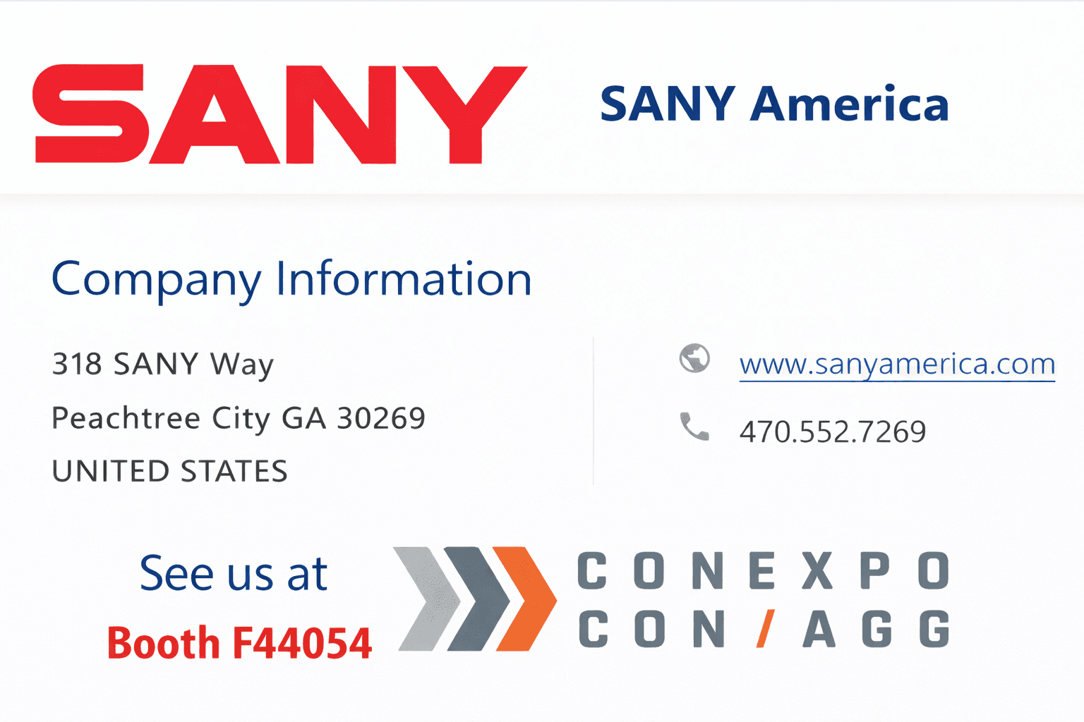SANY America's Festival Booth F44054 at CONEXPO-CON/AGG 2026