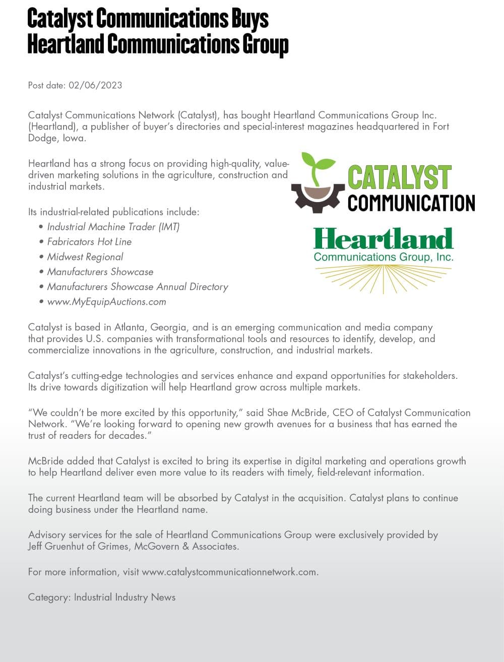 Catalyst Communications Buys Heartland Communications