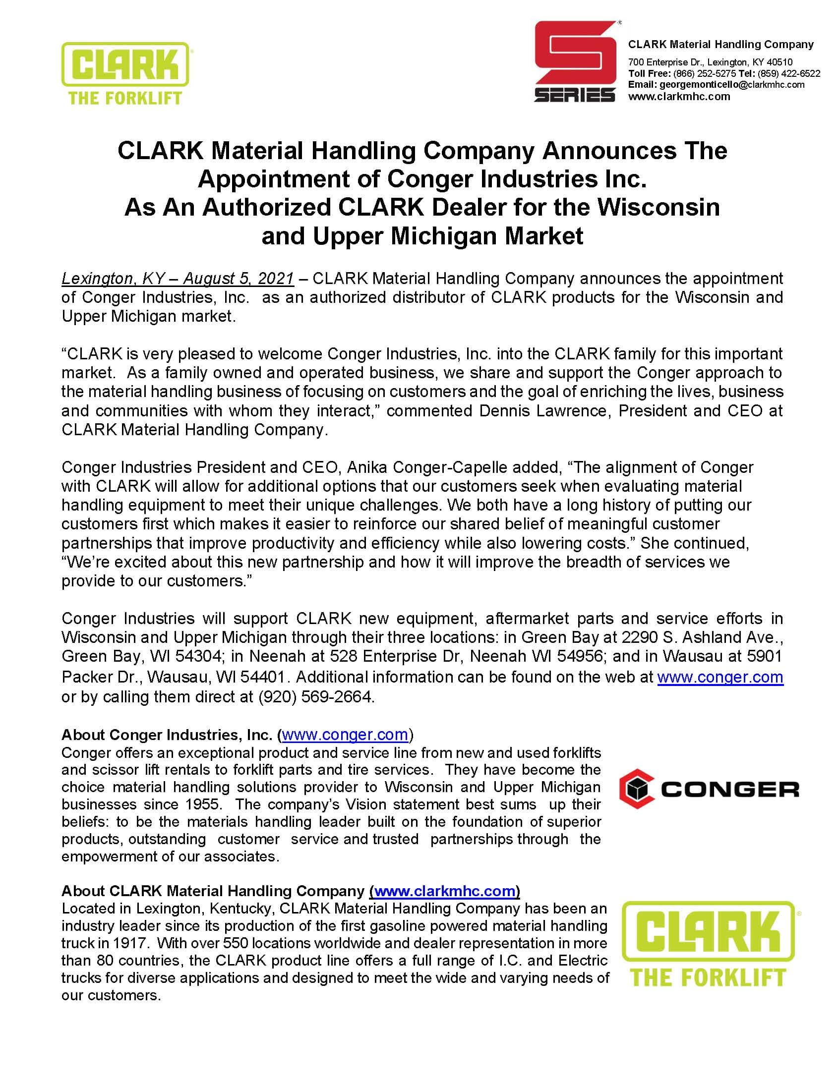 CLARK Appoints Conger Industries, Inc. as the Dealership of Record for the Wisconsin and Upper Michigan Markets