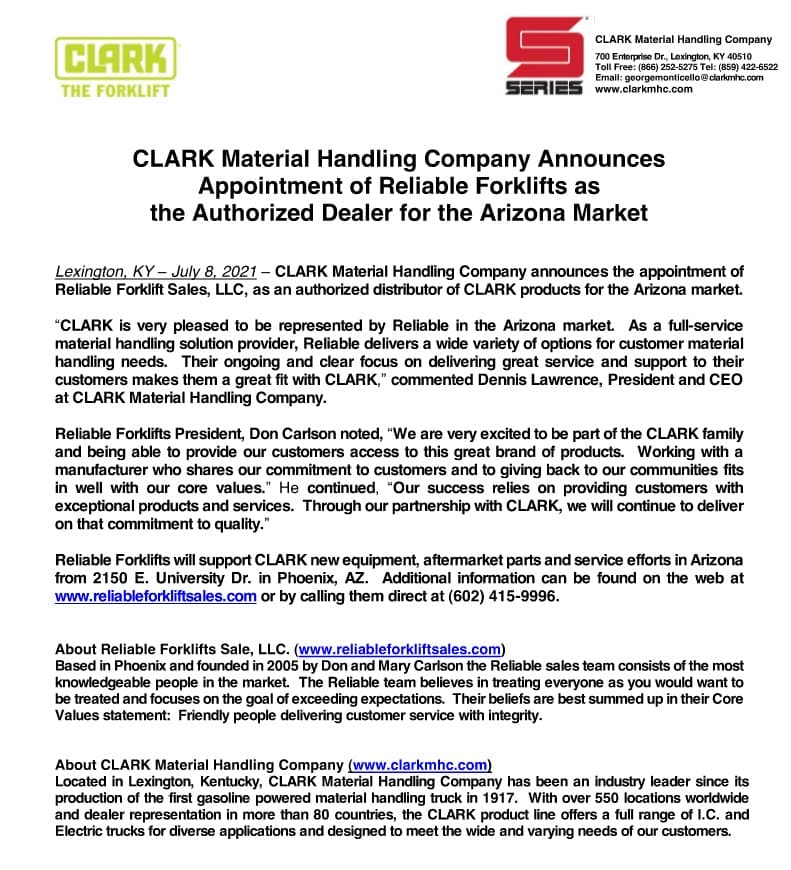 CLARK Appoints Reliable Forklift Sales as the Dealership of Record for the Arizona Market